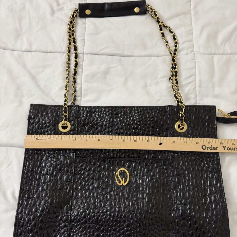 St. John Tote Bag Large Black Patent Leather Embossed Gold Chain Straps - Picture 10 of 11